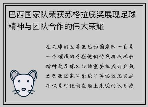 巴西国家队荣获苏格拉底奖展现足球精神与团队合作的伟大荣耀